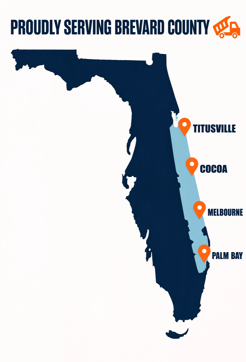 Map of Brevard County showing Junk Sweeper's service area: Titusville, Cocoa, Rockledge, Merritt Island, Cape Canaveral, Palm Bay, Melbourne and Satellite Beach